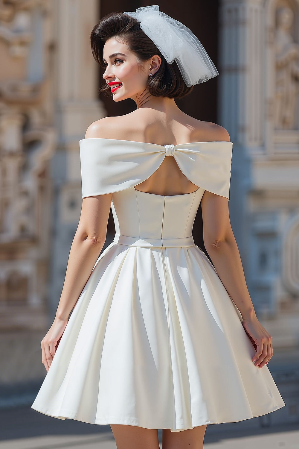 White Off the Shoulder A Line Corset Short Wedding Dress with Bow