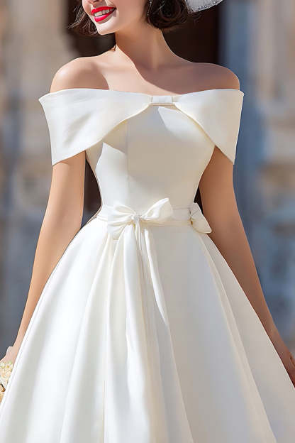 White Off the Shoulder A Line Corset Short Wedding Dress with Bow