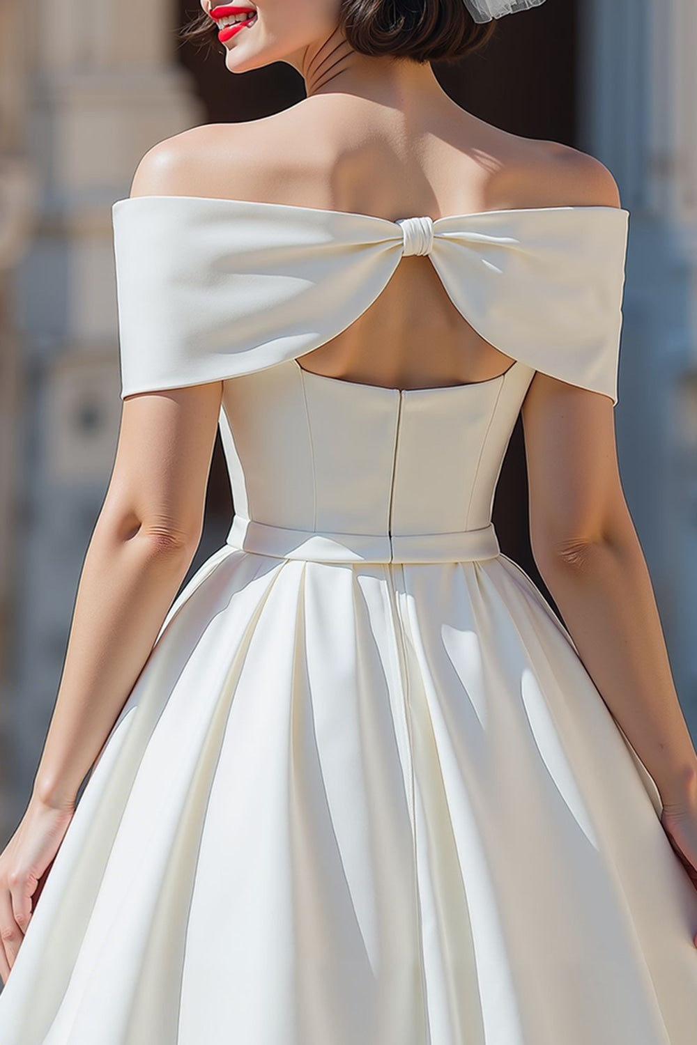 White Off the Shoulder A Line Corset Short Wedding Dress with Bow