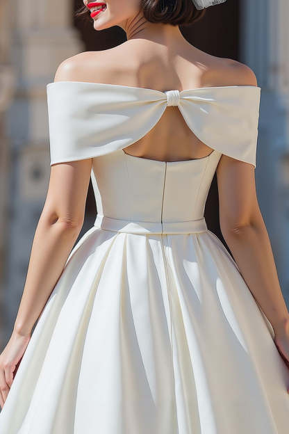 White Off the Shoulder A Line Corset Short Wedding Dress with Bow