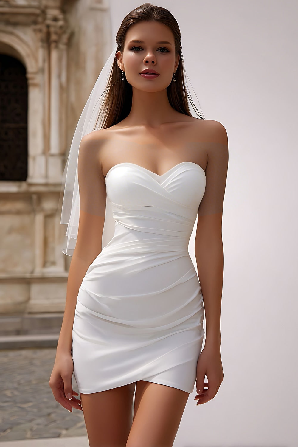 White Sweetheart Bodycon Ruched Mini Wedding Dress