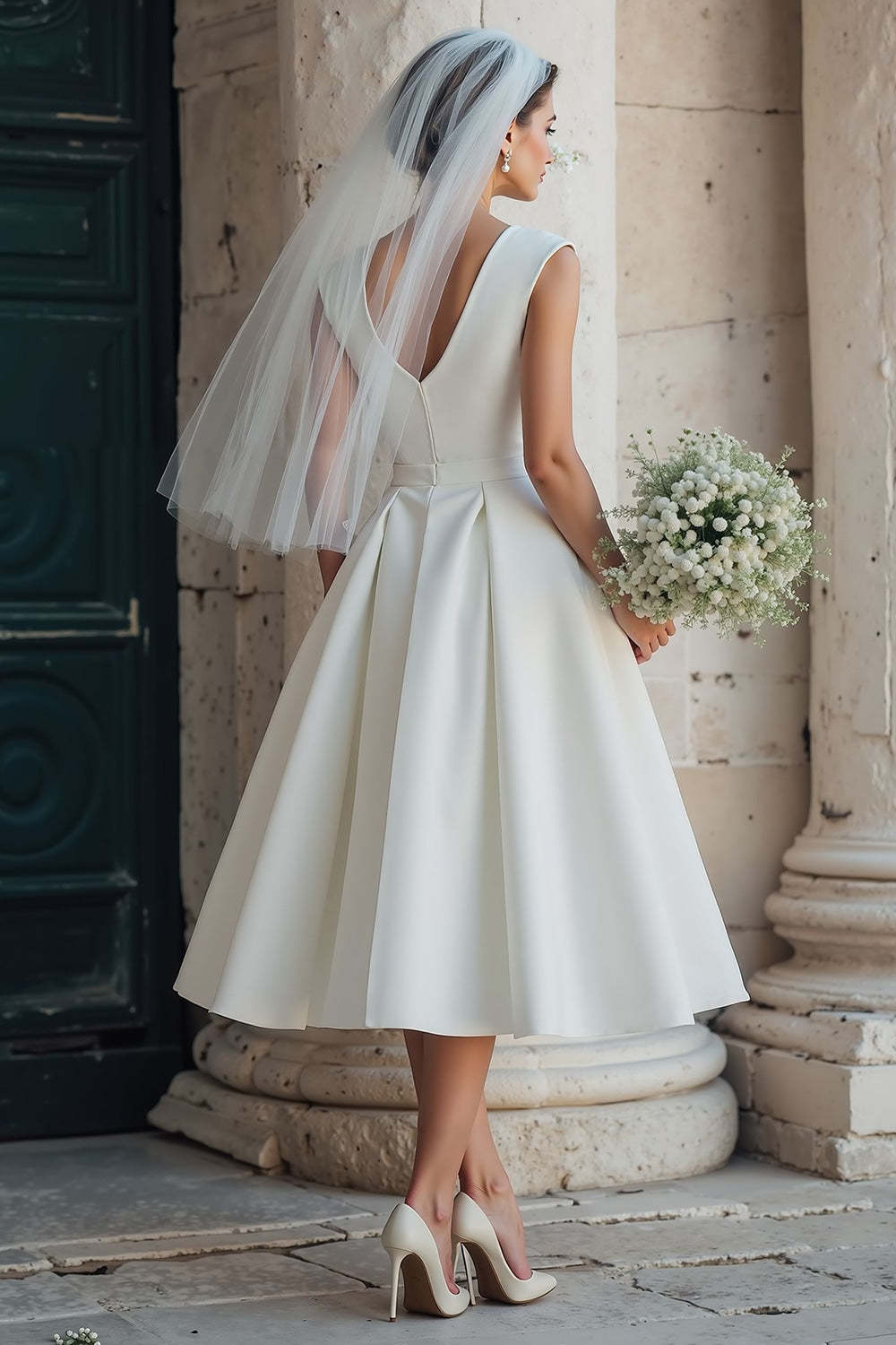 White A-Line Satin Bateau Neck Sleeveless Midi Wedding Dress