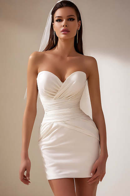 Leely Women White Bodycon Short Wedding Dress Ruched Sweetheart Strapless Bachelorette Dress