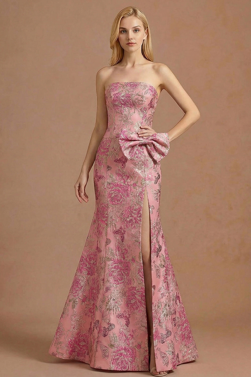 Leely Women Floral Fuchsia Mermaid Maxi Prom Dress with Bow Strapless Jacquard Backless Evening Dress with Slit