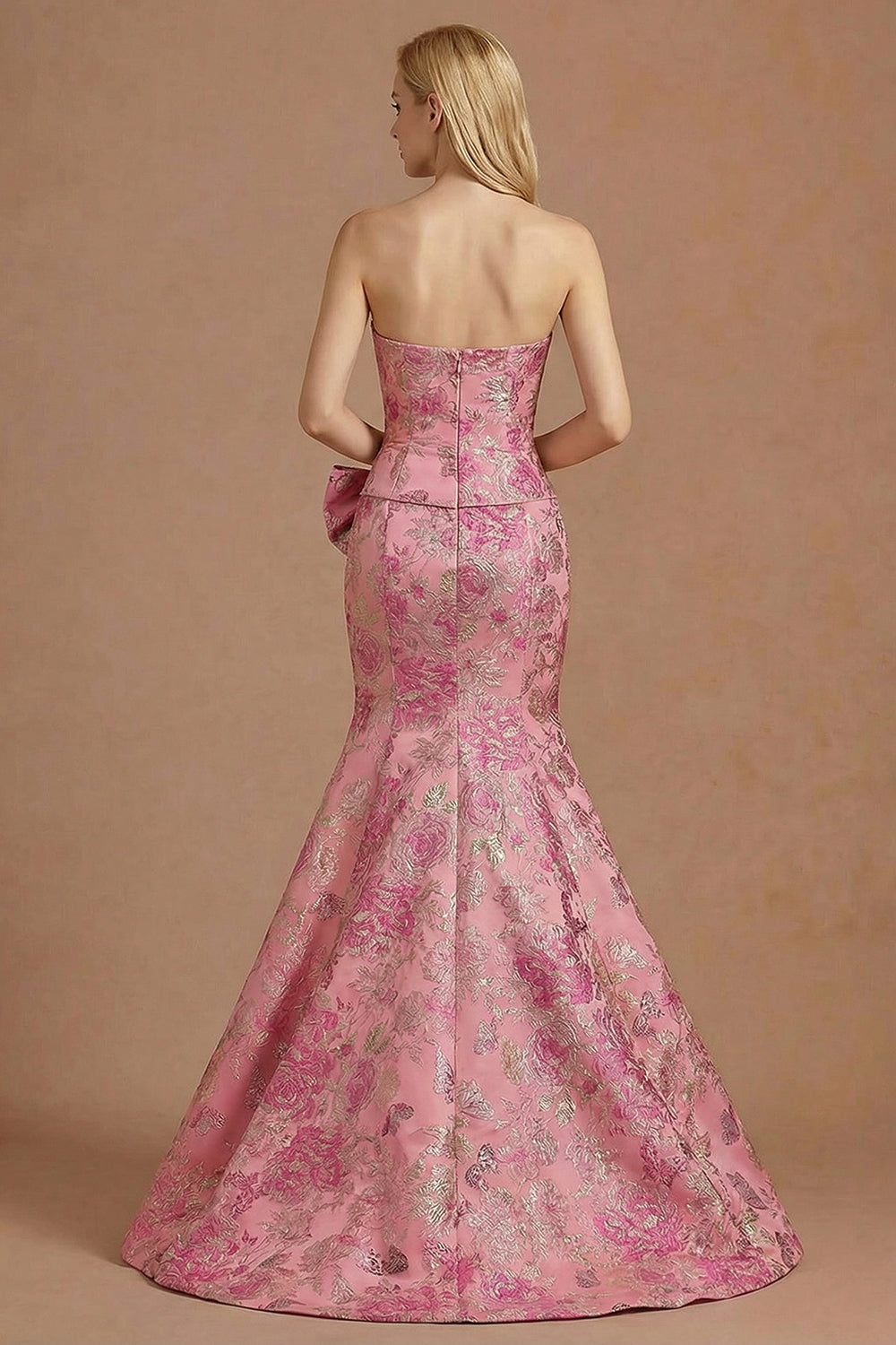 Floral Strapless Jacquard Fuchsia Mermaid Maxi Prom Dress with Bow