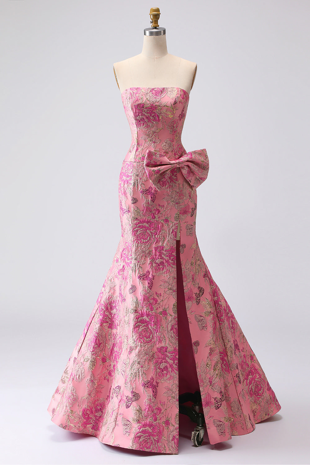 Floral Strapless Jacquard Fuchsia Mermaid Maxi Prom Dress with Bow