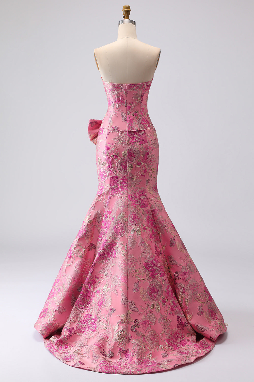 Floral Strapless Jacquard Fuchsia Mermaid Maxi Prom Dress with Bow