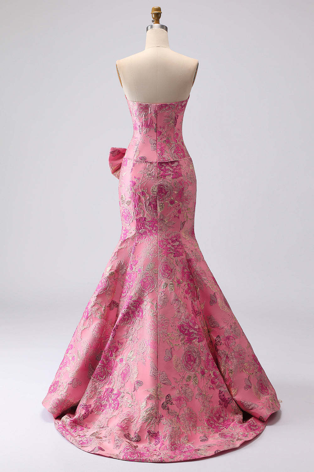 Floral Strapless Jacquard Fuchsia Mermaid Maxi Prom Dress with Bow