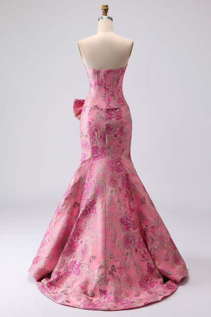 Floral Strapless Jacquard Fuchsia Mermaid Maxi Prom Dress with Bow