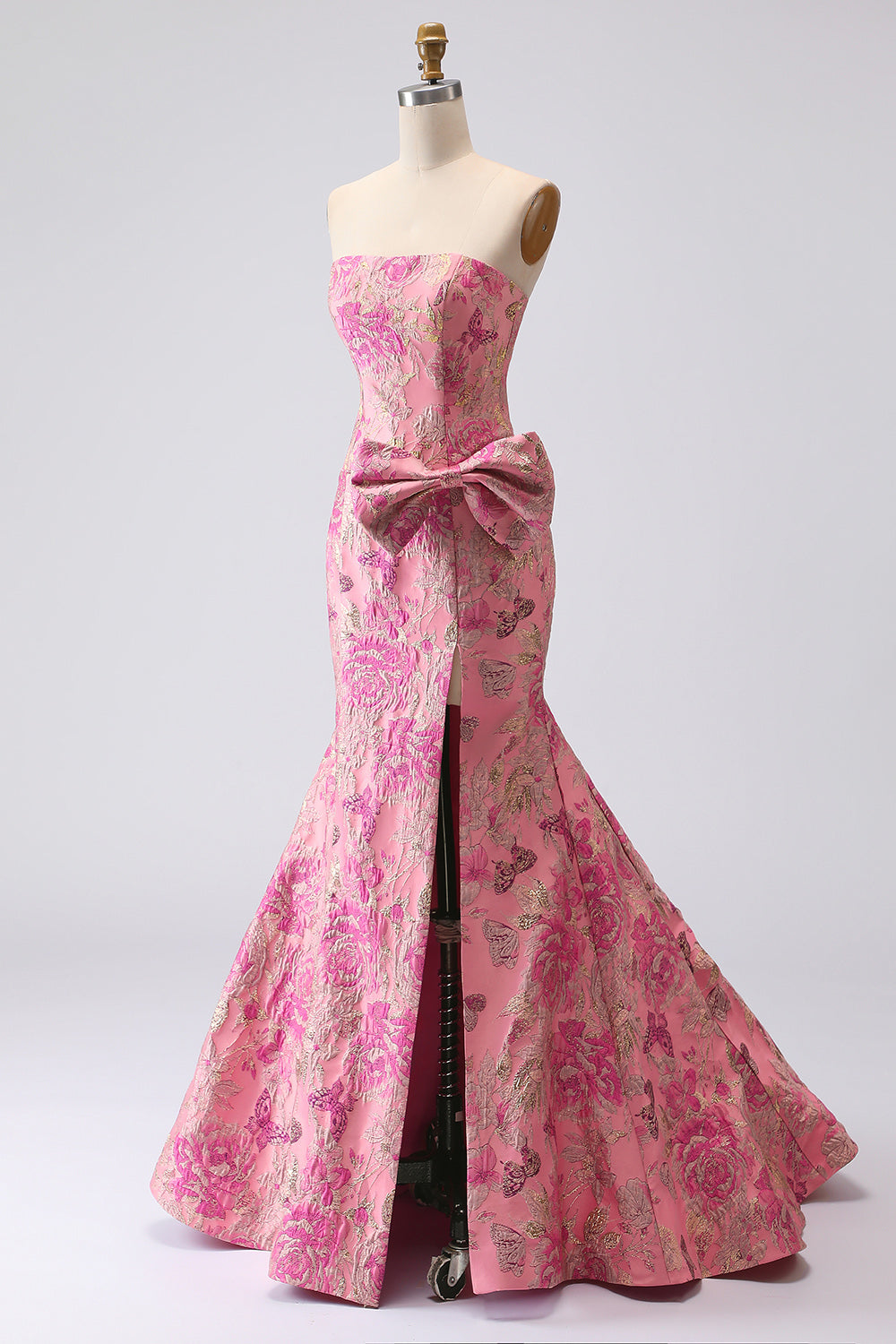 Floral Strapless Jacquard Fuchsia Mermaid Maxi Prom Dress with Bow