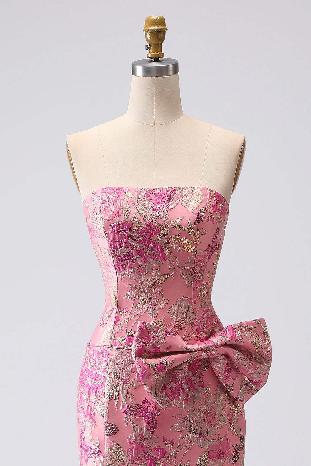 Floral Strapless Jacquard Fuchsia Mermaid Maxi Prom Dress with Bow