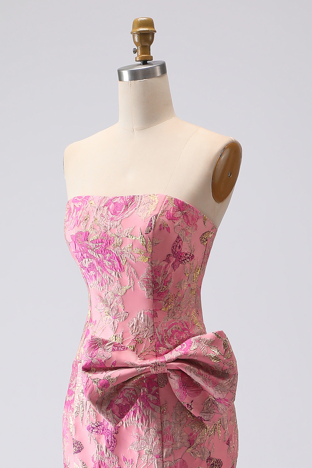 Floral Strapless Jacquard Fuchsia Mermaid Maxi Prom Dress with Bow