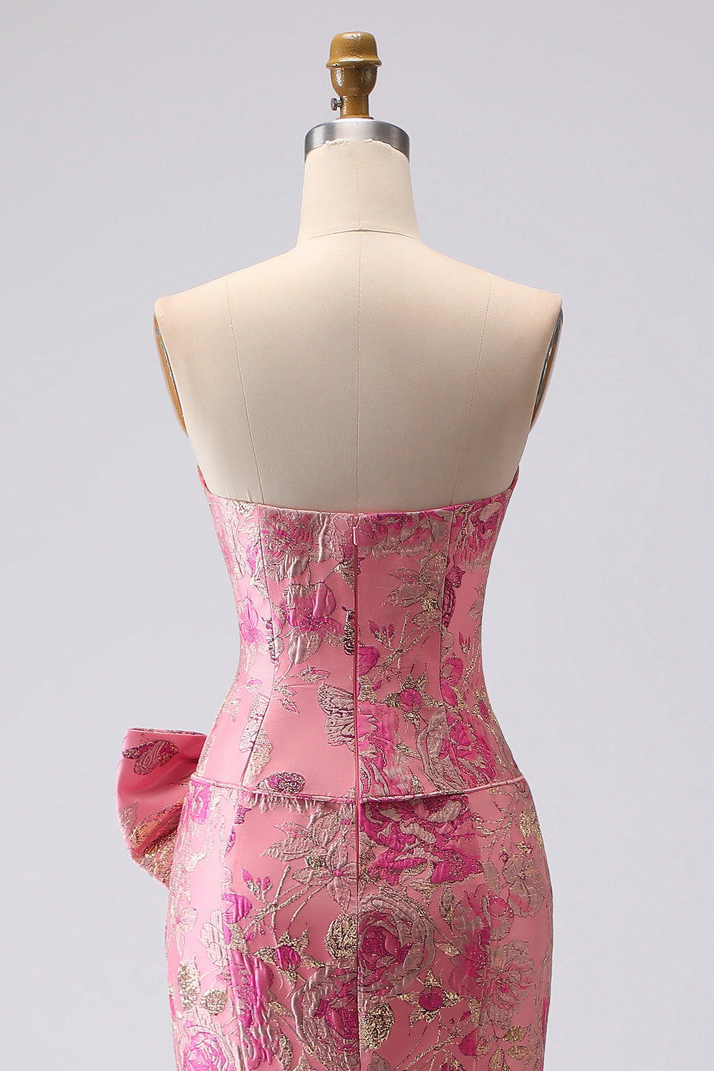 Floral Strapless Jacquard Fuchsia Mermaid Maxi Prom Dress with Bow