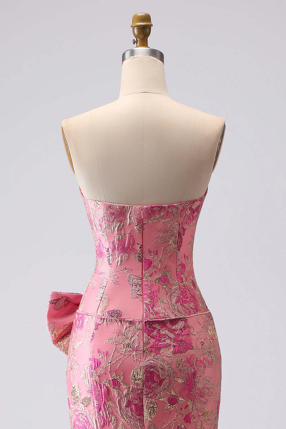 Floral Strapless Jacquard Fuchsia Mermaid Maxi Prom Dress with Bow