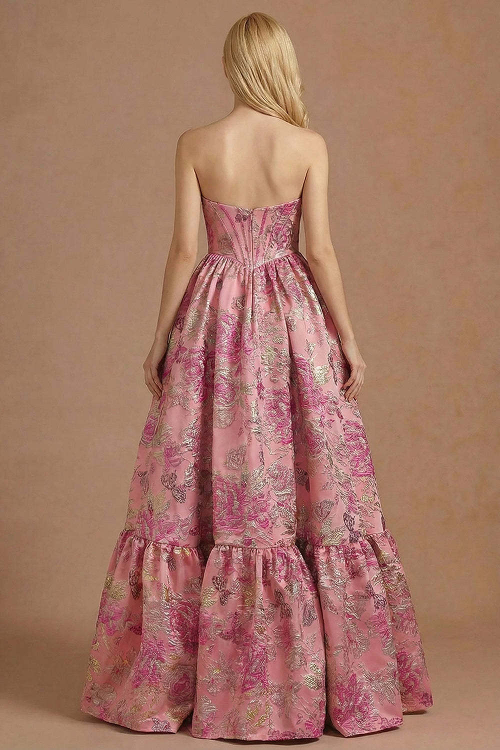Floral A Line Sweetheart Fuchsia Jacquard Corset Long Prom Dress