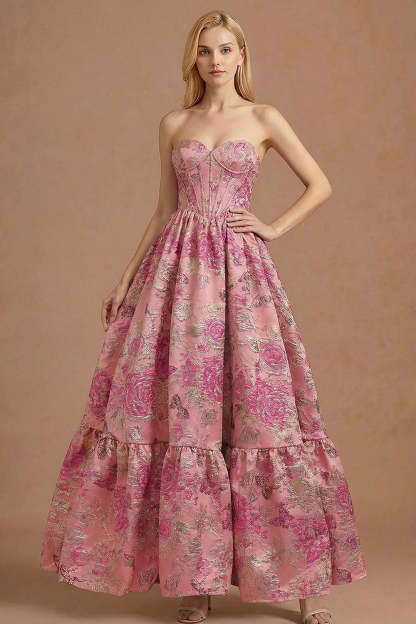Leely Women Floral Fuchsia Corset A Line Long Prom Dress Sweetheart Basque Waist Jacquard Backless Evening Dress