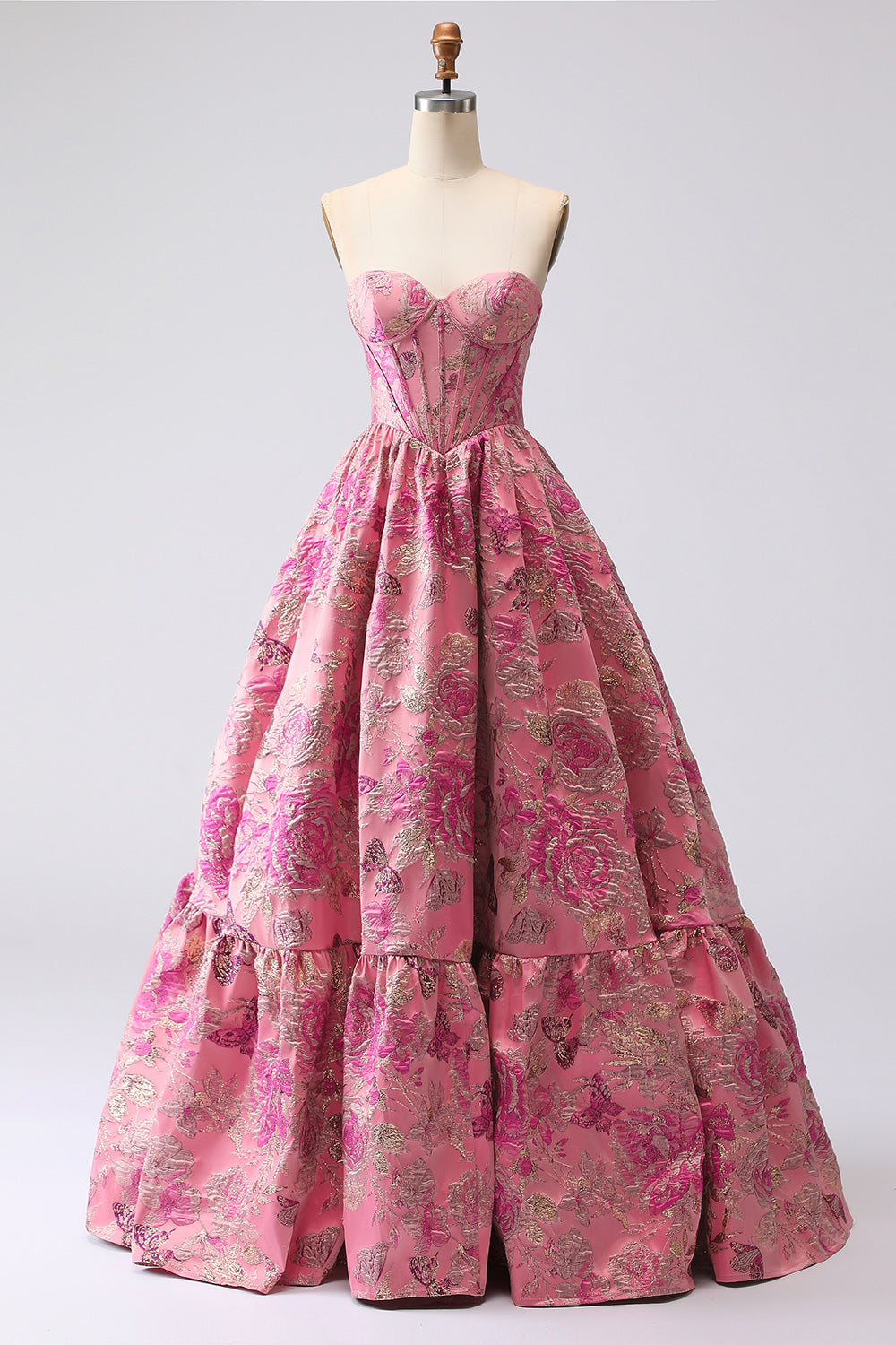 Floral A Line Sweetheart Fuchsia Jacquard Corset Long Prom Dress