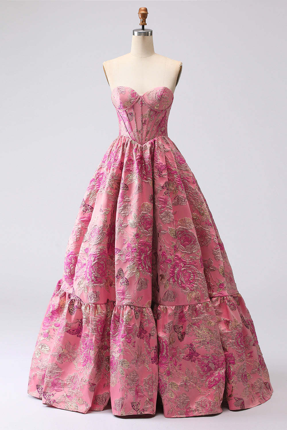 Floral A Line Sweetheart Fuchsia Jacquard Corset Long Prom Dress