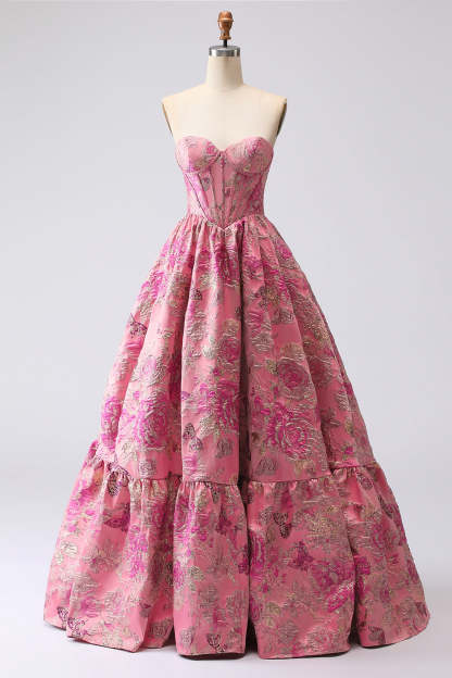 Floral A Line Sweetheart Fuchsia Jacquard Corset Long Prom Dress