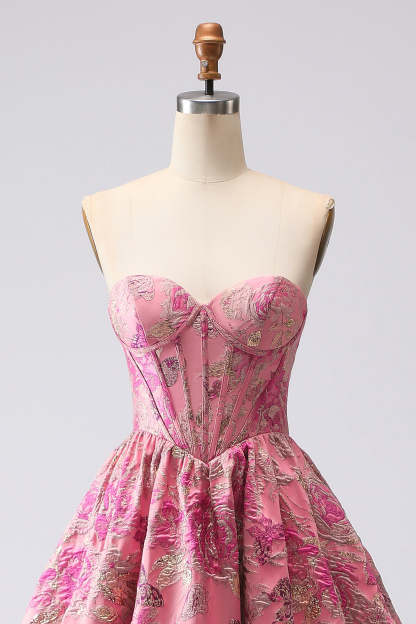 Floral A Line Sweetheart Fuchsia Jacquard Corset Long Prom Dress