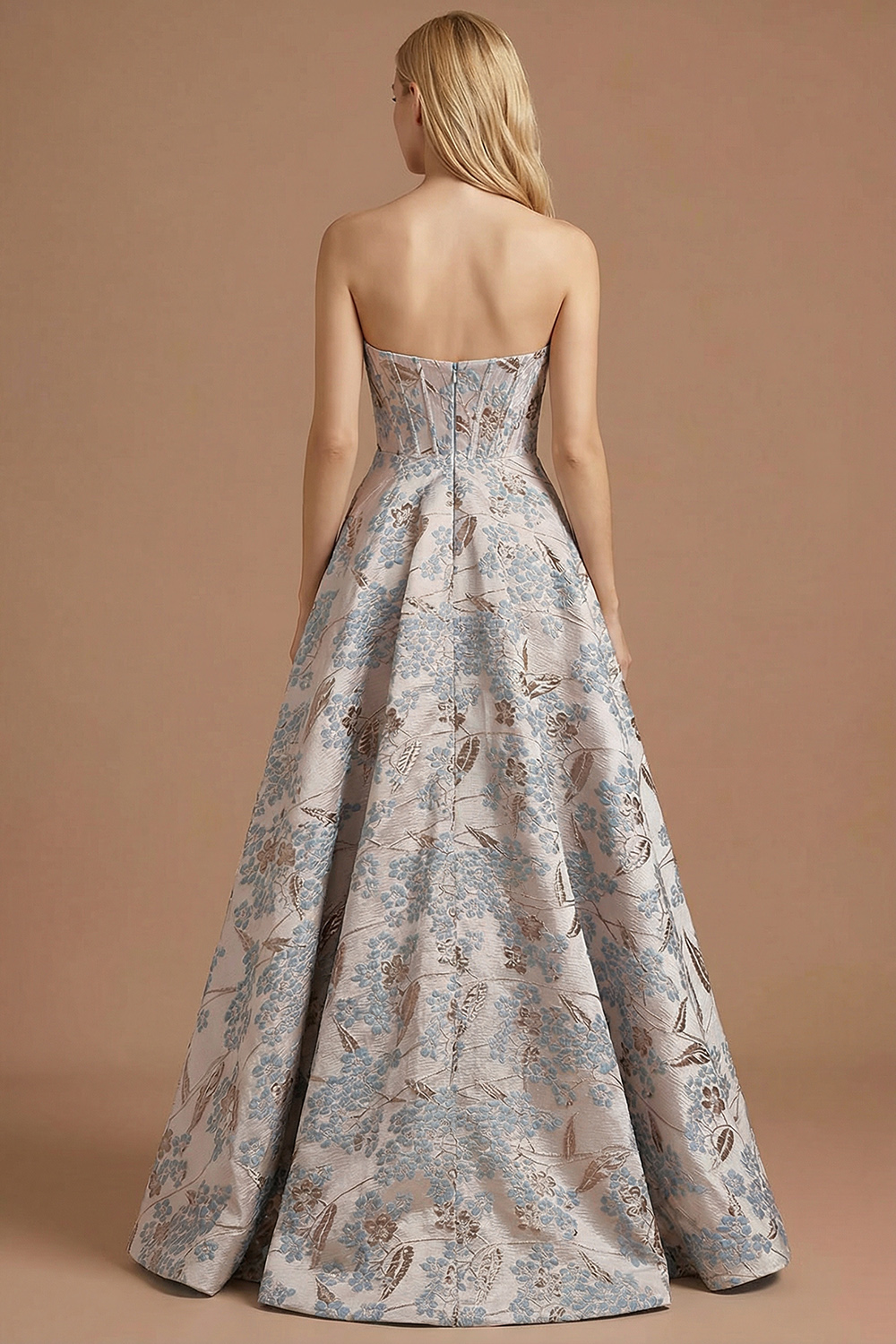 Silver Floral Jacquard Corset Long Prom Dress with Slit