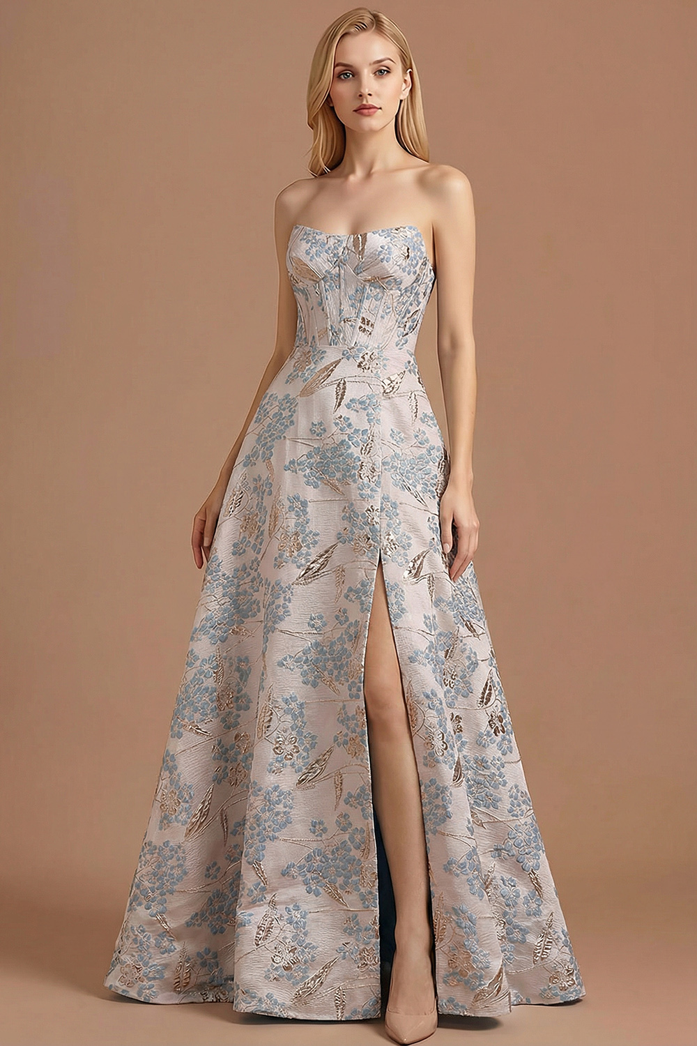 Leely Women Silver Floral Jacquard Corset Long Prom Dress with Slit A Line Strapless Backless Evening Dress