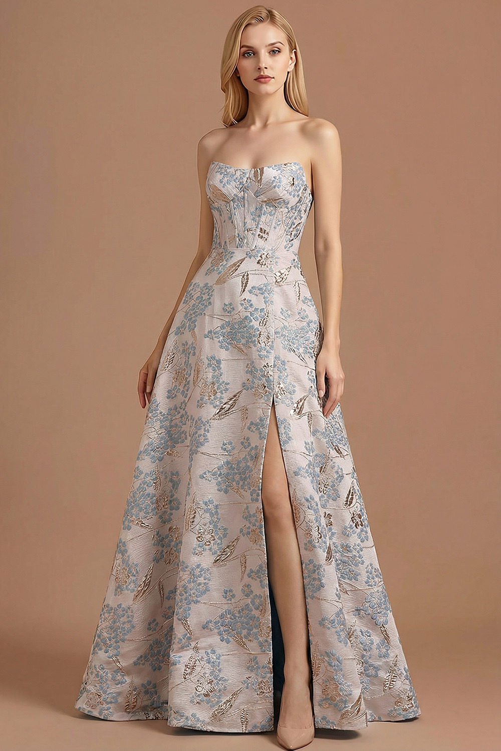 Leely Women Silver Floral Jacquard Corset Long Prom Dress with Slit A Line Strapless Backless Evening Dress