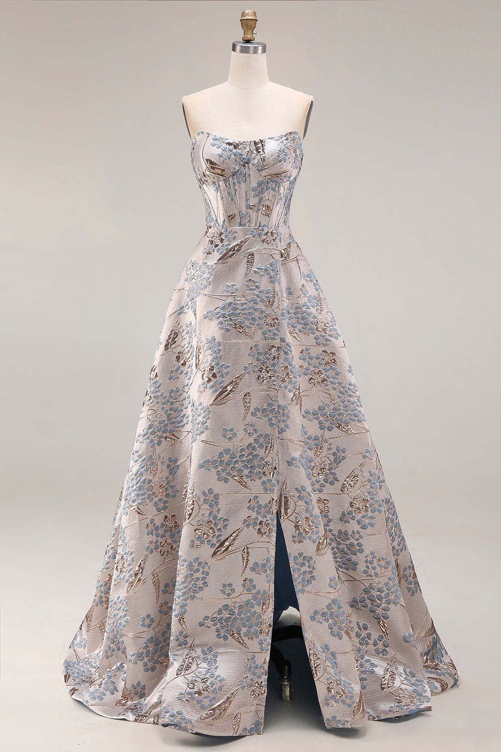 Silver Floral Jacquard Corset Long Prom Dress with Slit