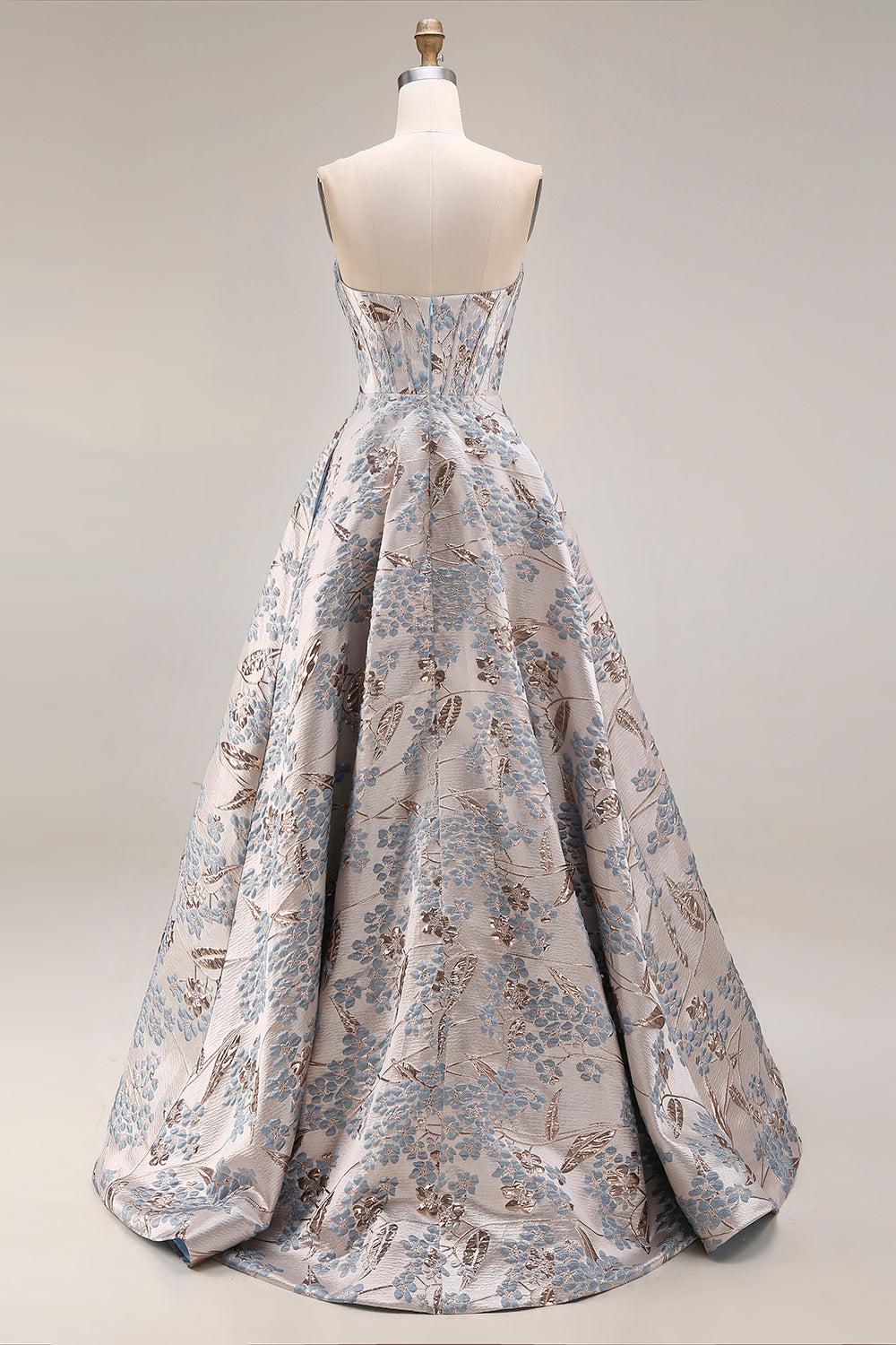 Silver Floral Jacquard Corset Long Prom Dress with Slit