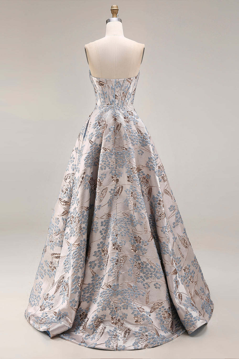 Silver Floral Jacquard Corset Long Prom Dress with Slit