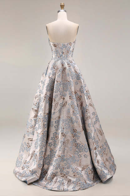 Silver Floral Jacquard Corset Long Prom Dress with Slit