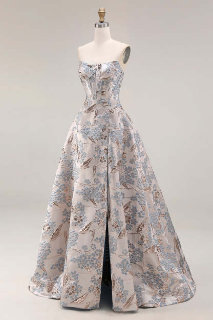 Silver Floral Jacquard Corset Long Prom Dress with Slit