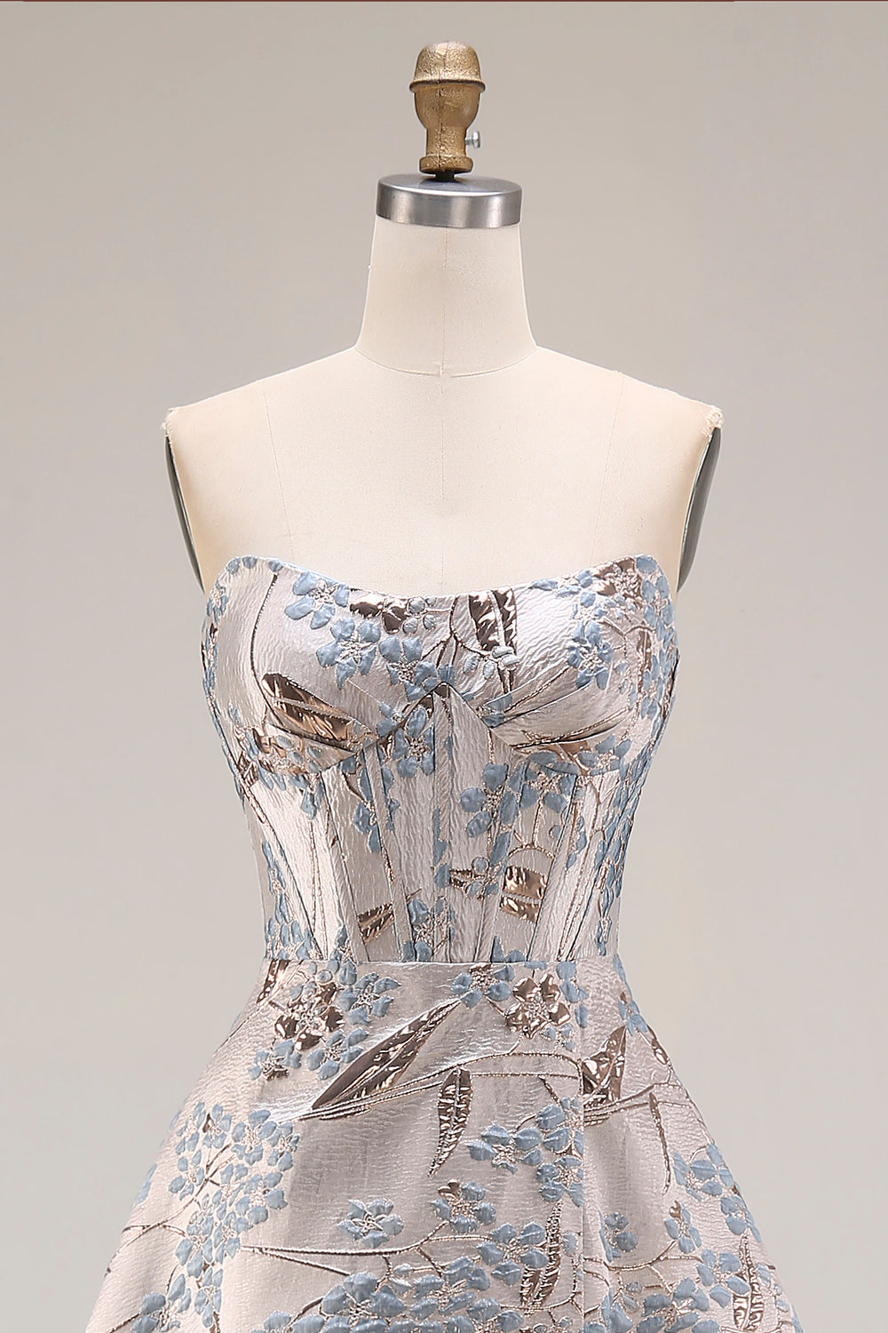 Silver Floral Jacquard Corset Long Prom Dress with Slit