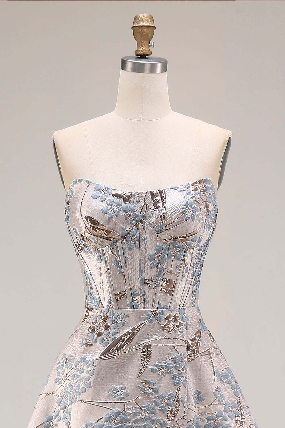 Silver Floral Jacquard Corset Long Prom Dress with Slit