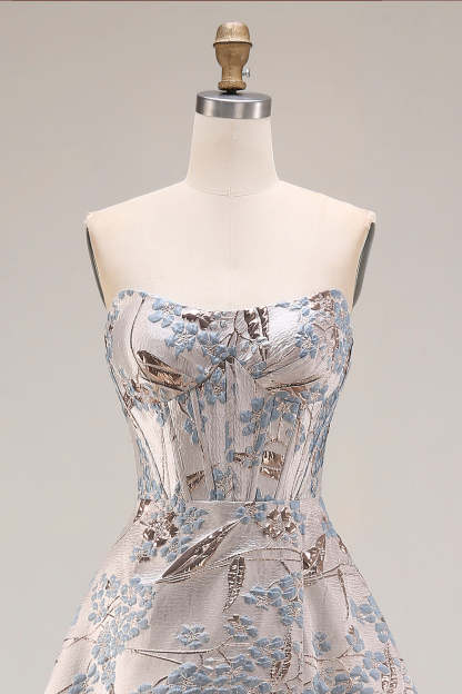 Silver Floral Jacquard Corset Long Prom Dress with Slit