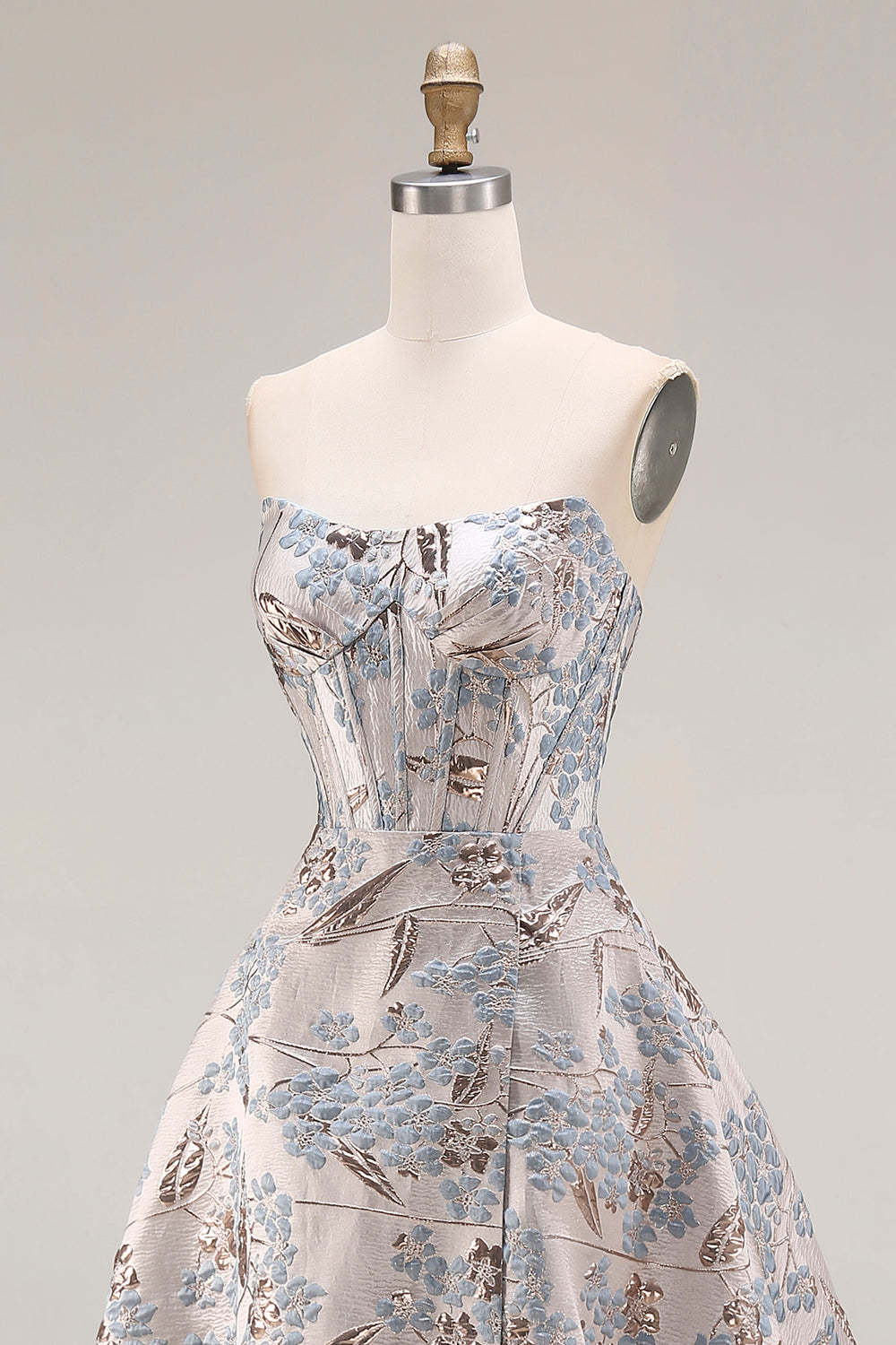 Silver Floral Jacquard Corset Long Prom Dress with Slit