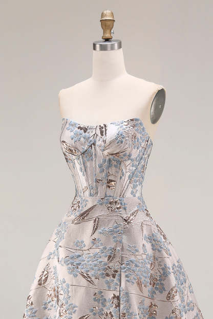Silver Floral Jacquard Corset Long Prom Dress with Slit