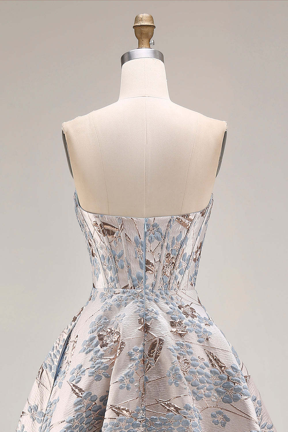 Silver Floral Jacquard Corset Long Prom Dress with Slit