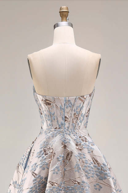 Silver Floral Jacquard Corset Long Prom Dress with Slit