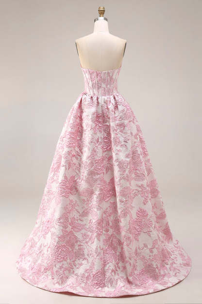 Ivory and Pink A-Line Jacquard Corset Long Prom Dress with Slit