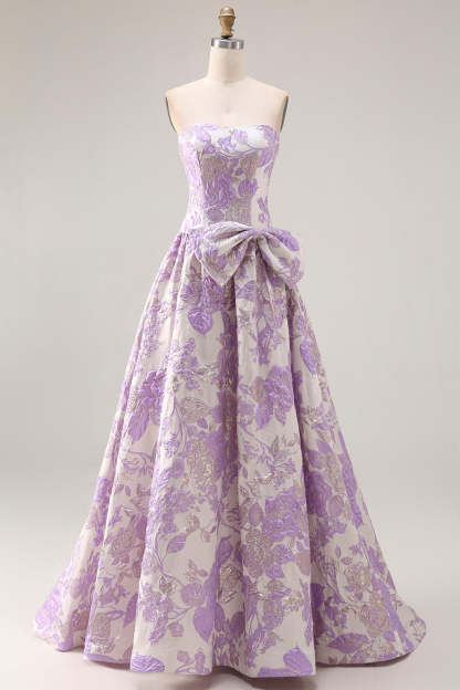 Leely Women Floral Lilac Jacquard Long Prom Dress with Bow Strapless A Line Pageant Dress