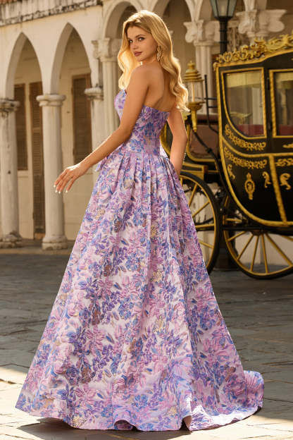 Floral Lilac Jacquard Strapless Maxi Corset Prom Dress with Bow