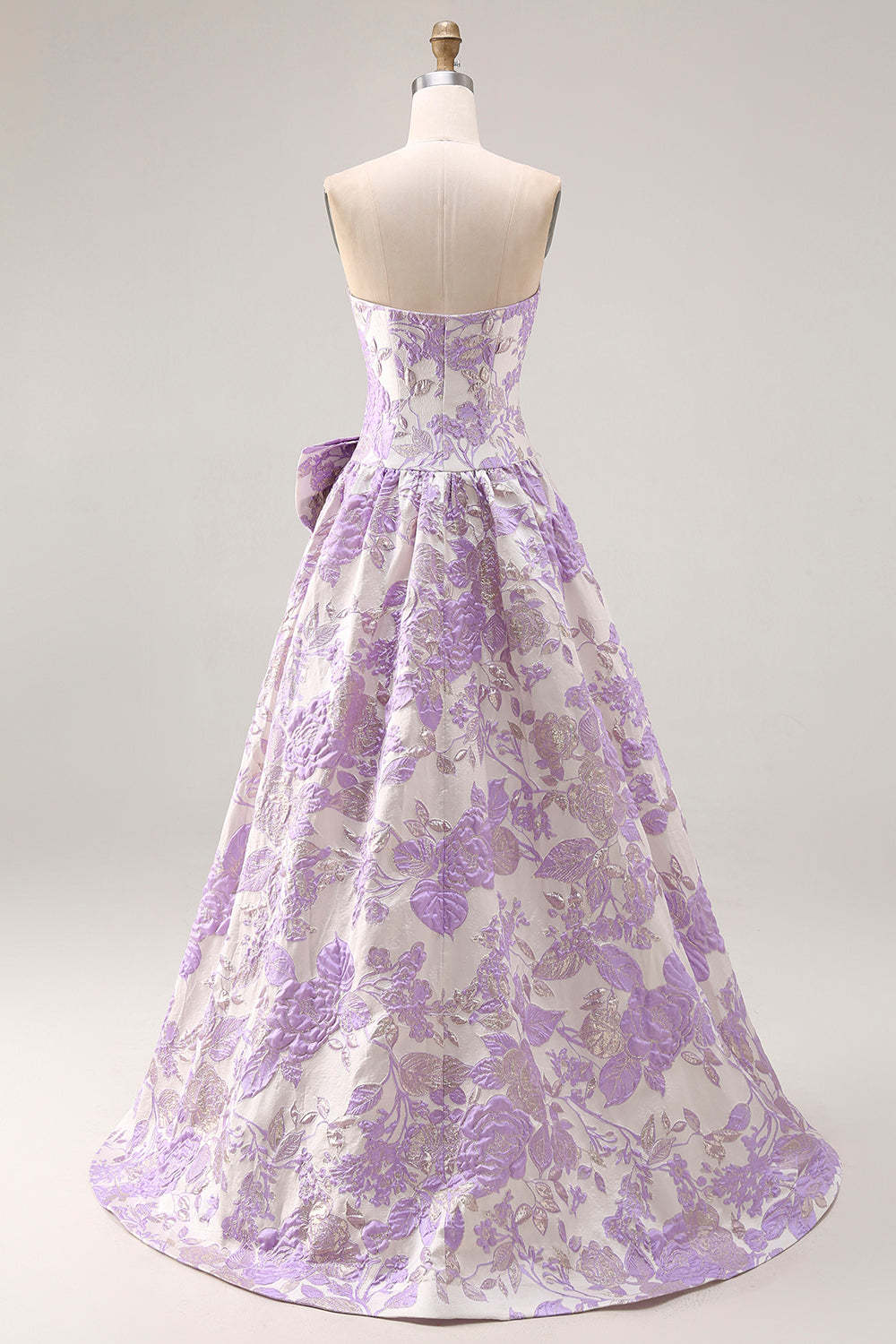 Floral Lilac Jacquard Strapless A Line Long Prom Dress with Bow