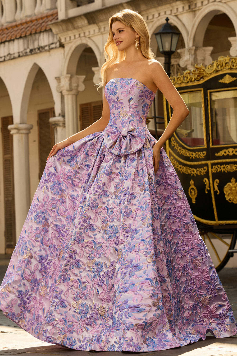 Floral Lilac Jacquard Strapless Maxi Corset Prom Dress with Bow