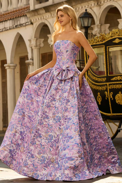 Floral Lilac Jacquard Strapless Maxi Corset Prom Dress with Bow