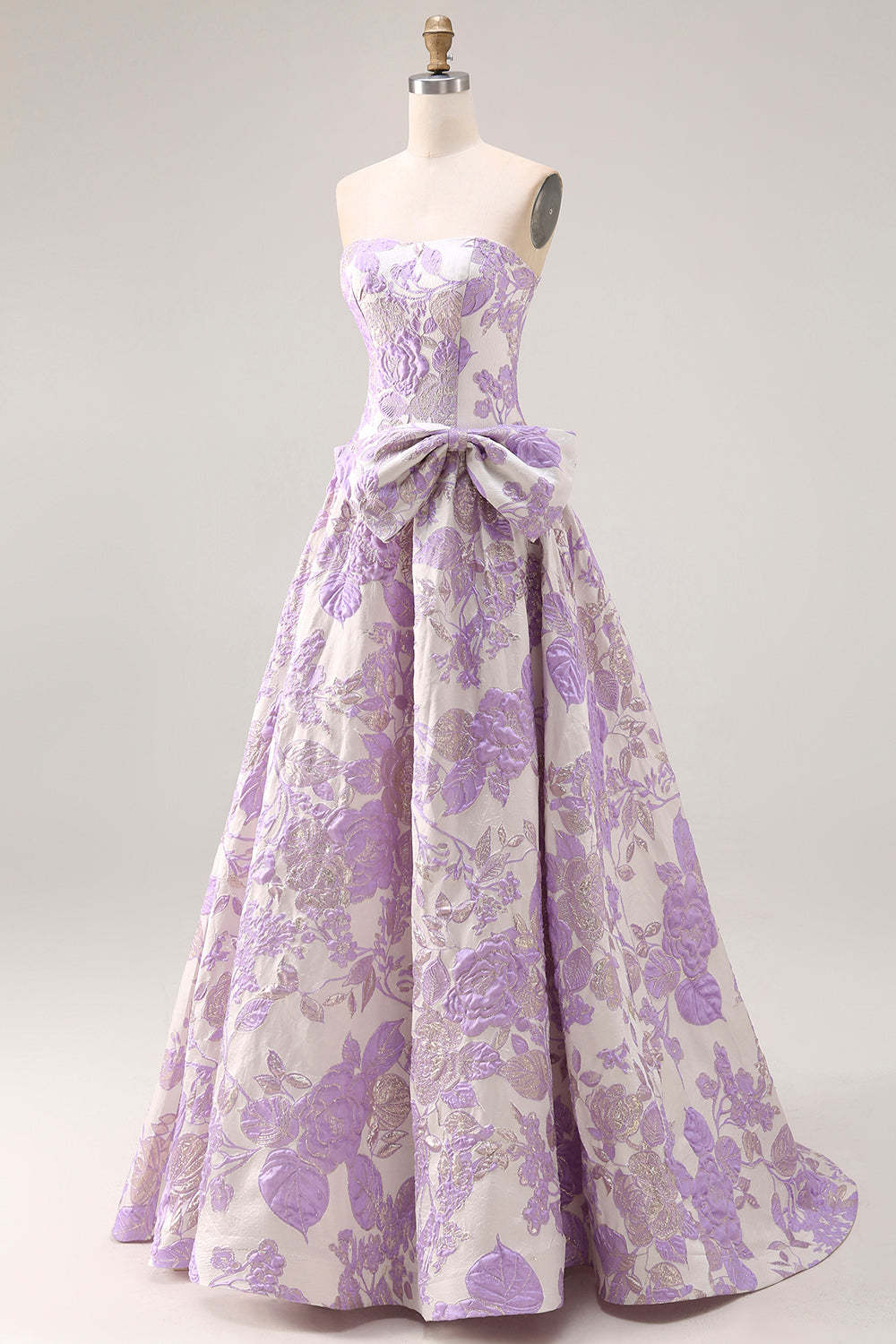 Floral Lilac Jacquard Strapless A Line Long Prom Dress with Bow