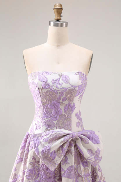 Floral Lilac Jacquard Strapless A Line Long Prom Dress with Bow