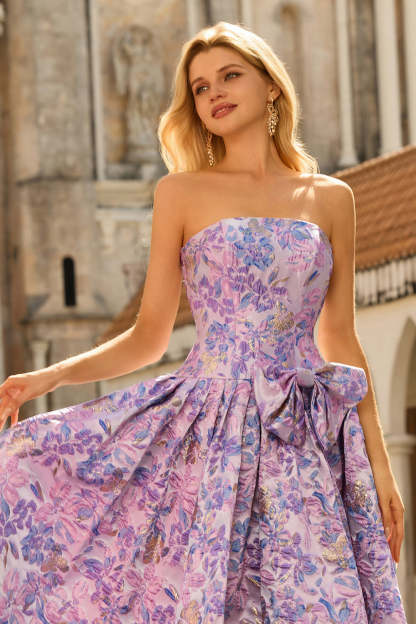 Floral Lilac Jacquard Strapless Maxi Corset Prom Dress with Bow