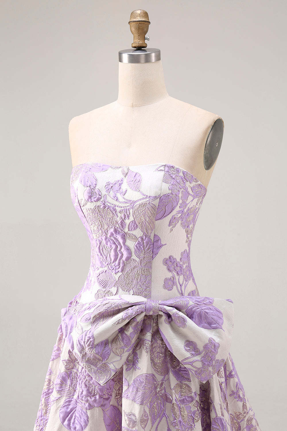 Floral Lilac Jacquard Strapless A Line Long Prom Dress with Bow
