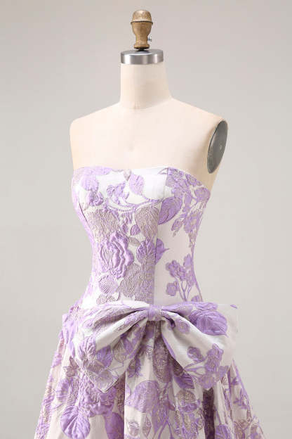 Floral Lilac Jacquard Strapless A Line Long Prom Dress with Bow